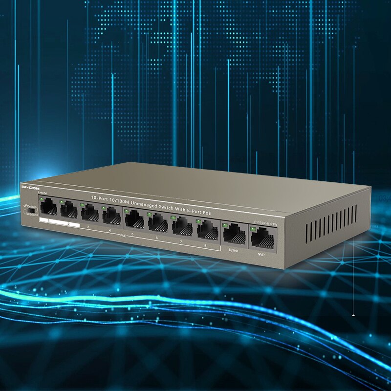 IPCOM F1110P-8-63W 8 + 2 Porte POE interruttore Ethernet VLAN 10/100Mbps interruttore di Rete per CCTV Macchina Fotografica del IP senza fili AP 250M Trasporto di Goccia