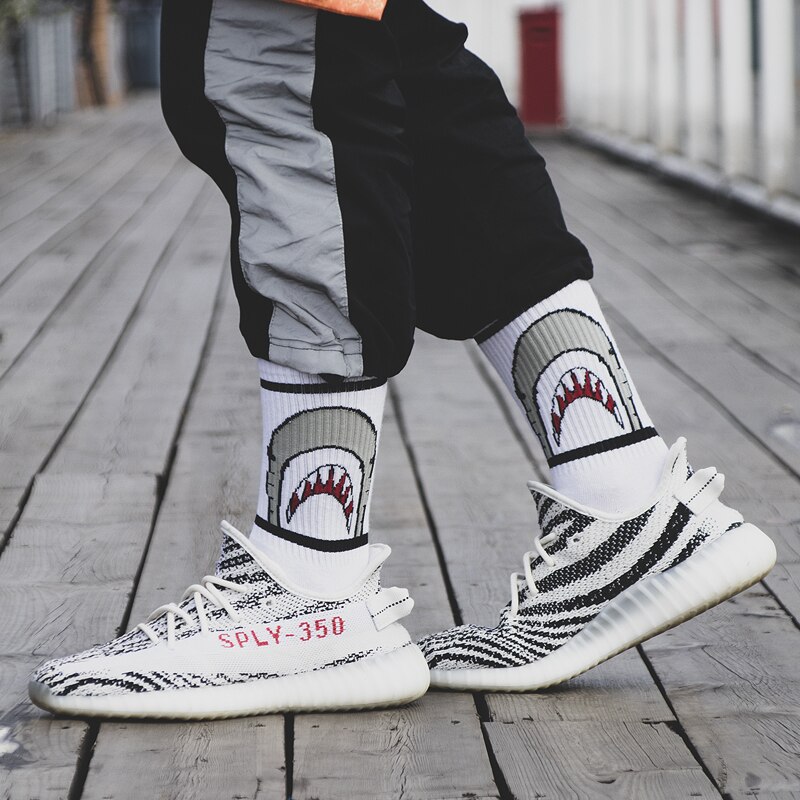 Men Skateboard Socks Funny Socks Harajuku Street Sports Socks Unisex Europe America Happy Socks Men Cotton Hip Hop Socks: White Shark