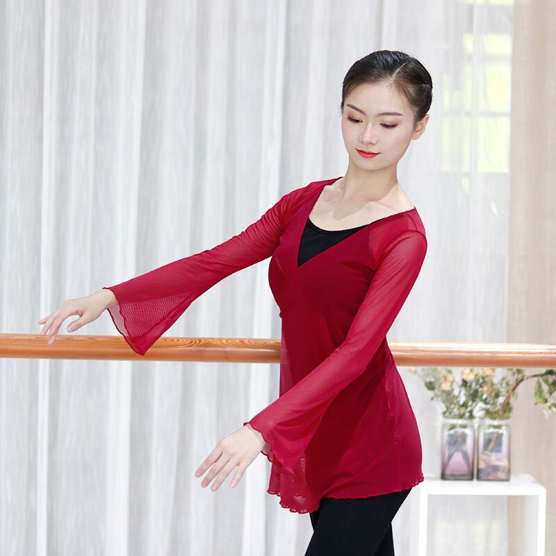 Women Mesh Ballet Dance Overall Flare Sleeve Adults Girls Women Ballet Tops Wrap Dance Coats