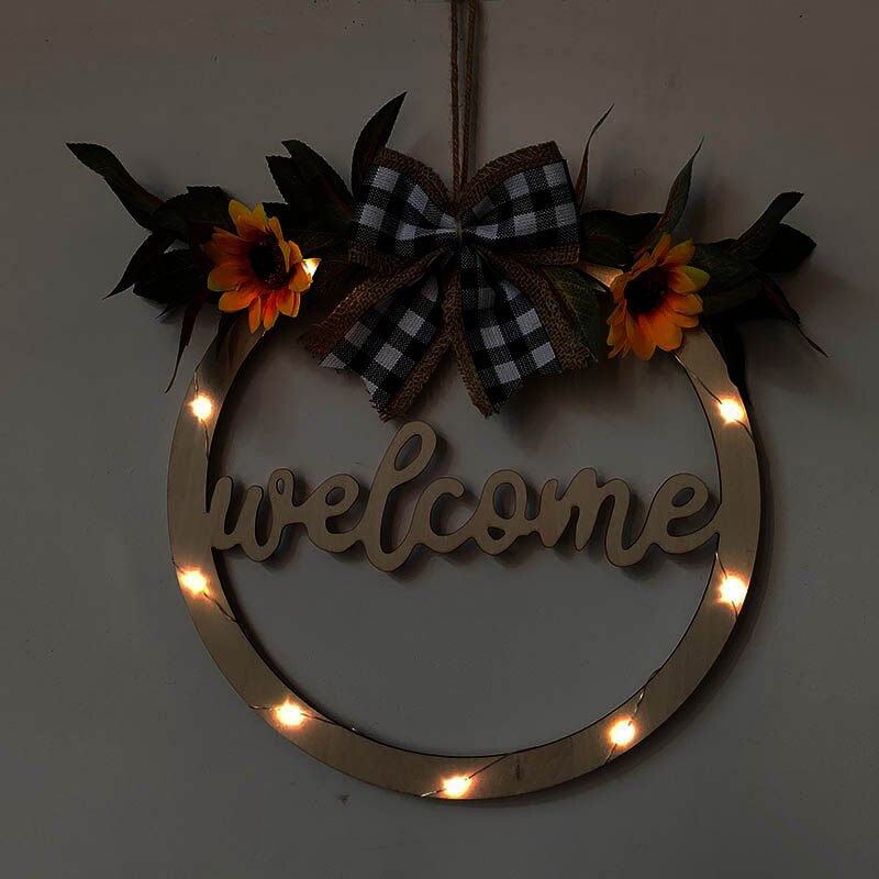 artificial LED spring Summer door decoration hello wreath glowing welcome wreath sign for wall home Café