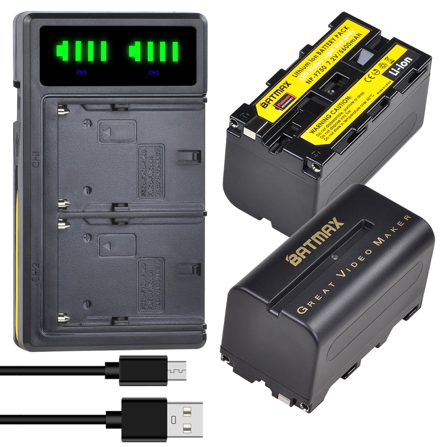 Batmax 5600mAh NP-F750 NP-F770 Batterie + LED USB Dual Ladegerät für LED Video Licht Yongnuo Godox YN300Air II YN300 III YN600 L132T: 2battery and charger