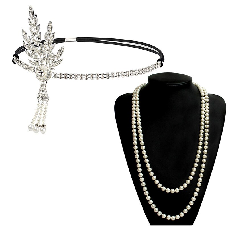 Great Gatsby Accessories Set for Women 1920s Flapper Pearl Necklace Headband Leaf Headpiece Party Costume Jewelry: silver T150