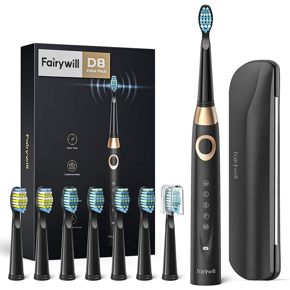 Fairywill Electric Sonic Toothbrush 5 Modes Replacement Heads Waterproof Rechargeable Powerful Cleaning Soft Heads Toothbrush: 508B-5M-420-8BH