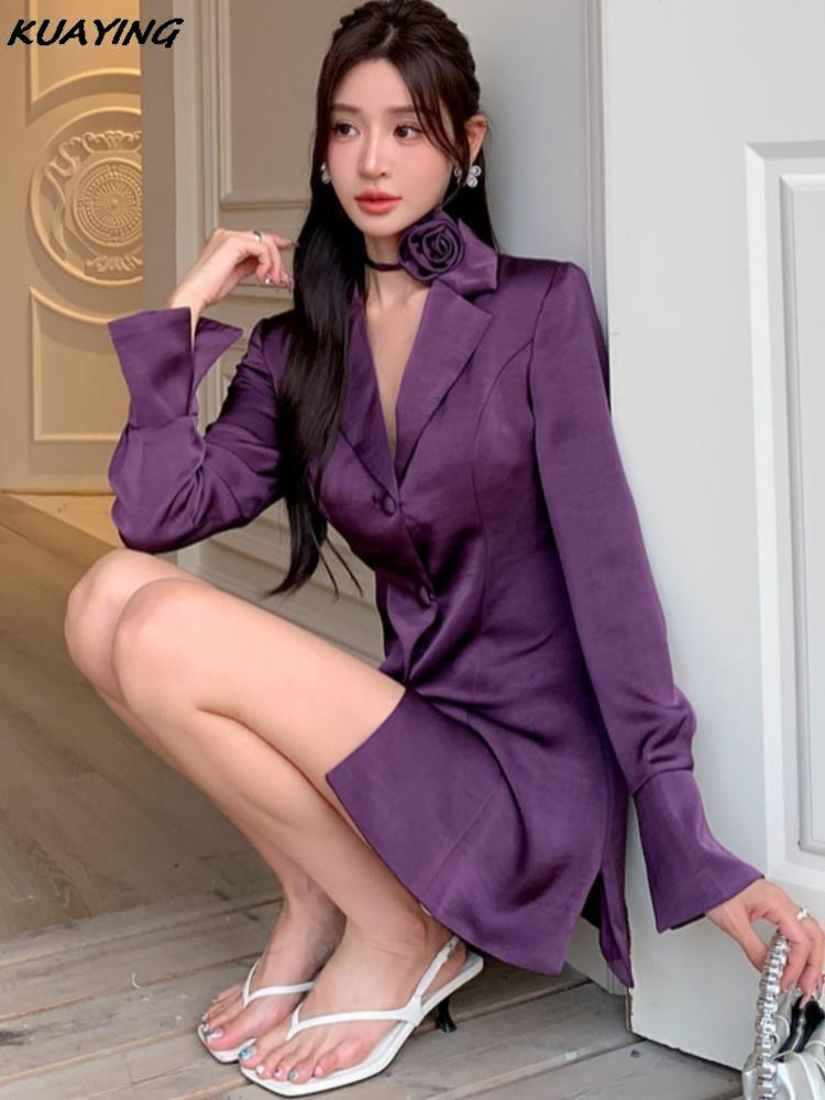Autumn Women's Suit Dress Solid Single Breasted Notched Long Sleeve Slim Waist Mini Dresses Office Lady Blazer Clothes