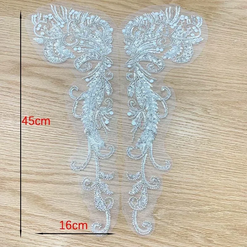 45*16cm vita pärlbroderier med paljettmönster, applikationer och sy-på-lappar, ,3d blommönster, tyg, spetsbroderi, sybehör för bröllopsklänningar