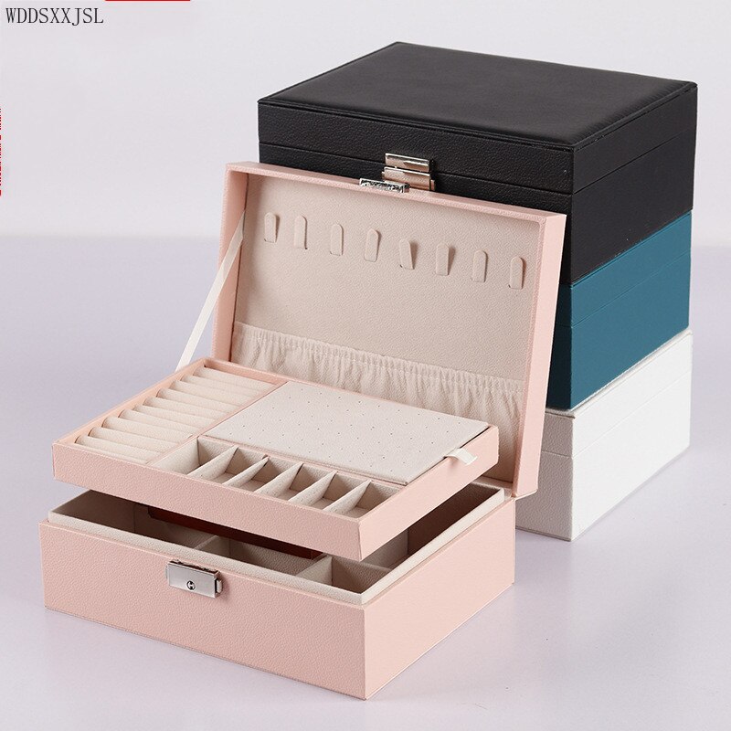 Pink Leather Double layer Ring Earrings Necklace Box Watch Box Multifunctional Storage Display Packaging Box Home Decoration