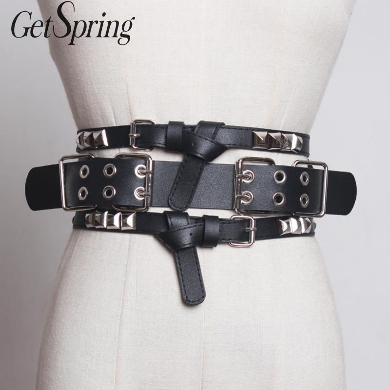 GetSpring fajas para mujer remache cremallera hebilla ajustable PU cuero cinturón corsé ajuste mujer cinturón ancho negro