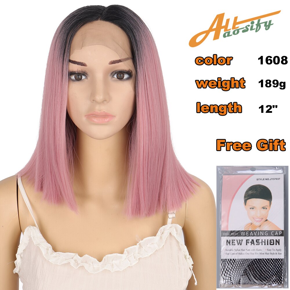Allaosify Korte Bob Lace Front Pruiken Voor Zwarte Vrouwen Rechte Synthetische Pruik Hoge Temperatuur Vezel Haar Roze Donker Rood Blauw: LACE-4588-1608