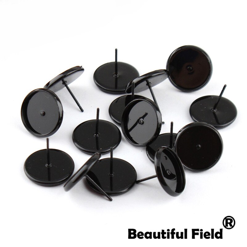 30 sztuk Fit 8mm 10mm 12mm 14mm Cabochons kolczyki baza ucha ustawienie kolorowe pokrywane okrągłe Cameo baza puste czarny z wtyczką