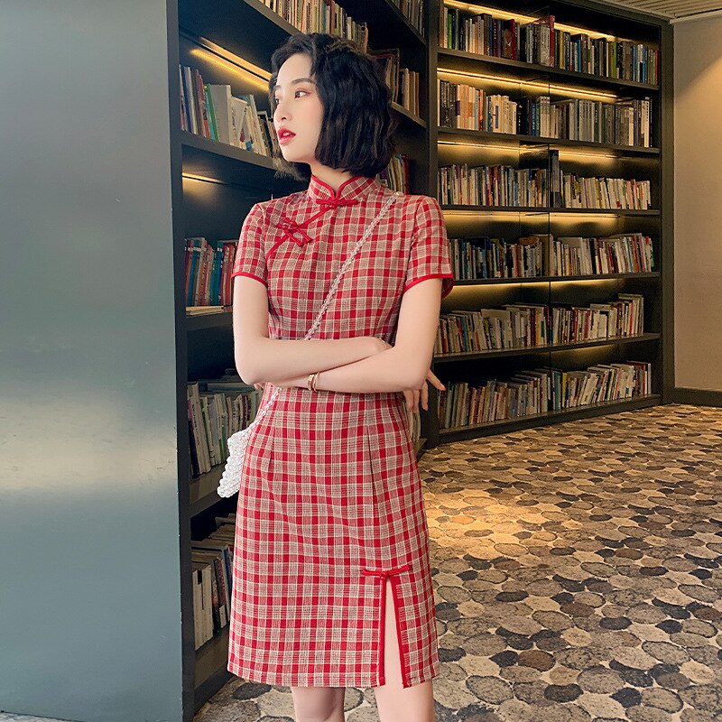 Robe qipao d'été en coton pour fille, rayures, motifs vintage