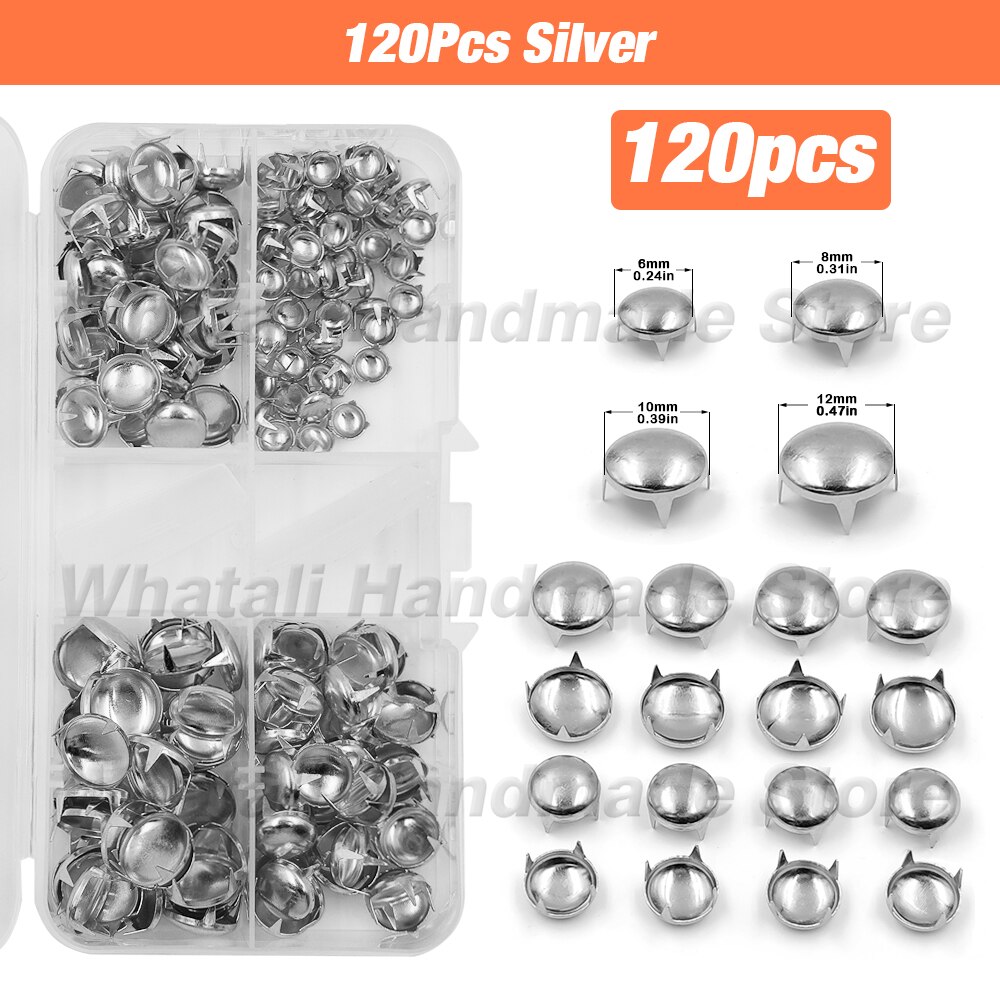 Moule en forme de dôme rond, Rivets, pointes, Kits de têtes de clous avec presse à main, Machine pour chaussures, sacs et vêtements, maroquinerie, 6/8/10/12mm: 120Pcs Silver