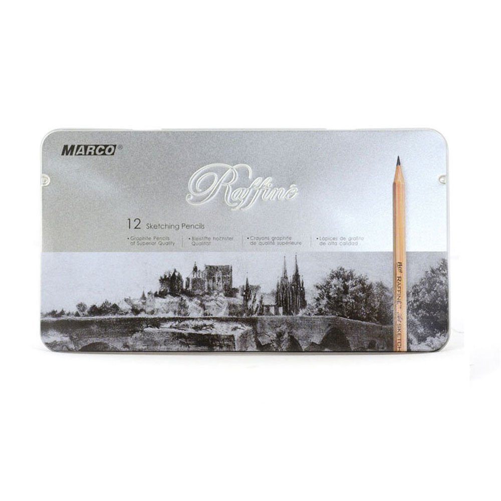Set of 12 (H-9B) Marco Raffine Iron Box Sketch Pencils for Drawing Wood Art Pencil School Supplies Matita