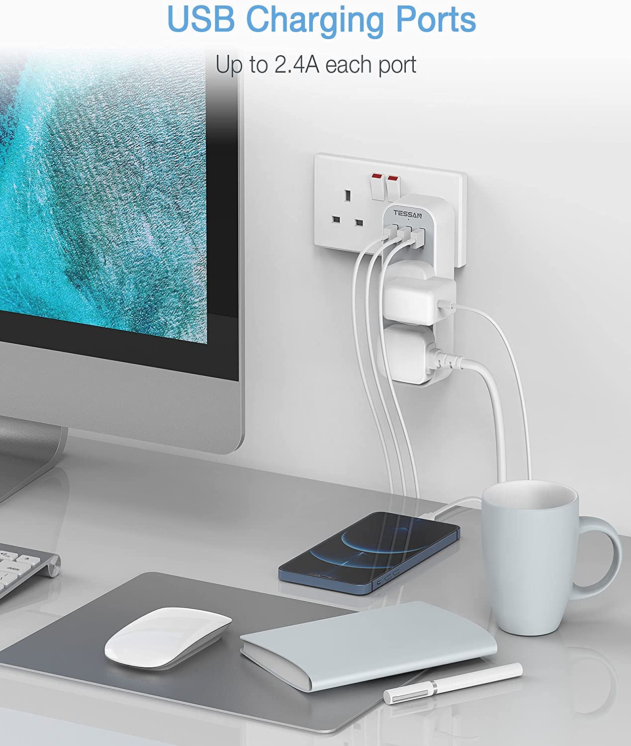 6 Ways UK Multi Plug Power Strip with 3 USB Charging Ports and 3 UK Outlets Wall Socket 100-250V Electrical Charger for Phones