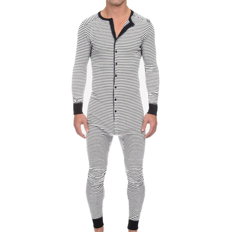 Men's Sleep Onesies Striped Printed One Piece Pyjamas Casual Jumpsuit Long Sleeve Sleepwear Romper Men Clothing Homewear: White / M