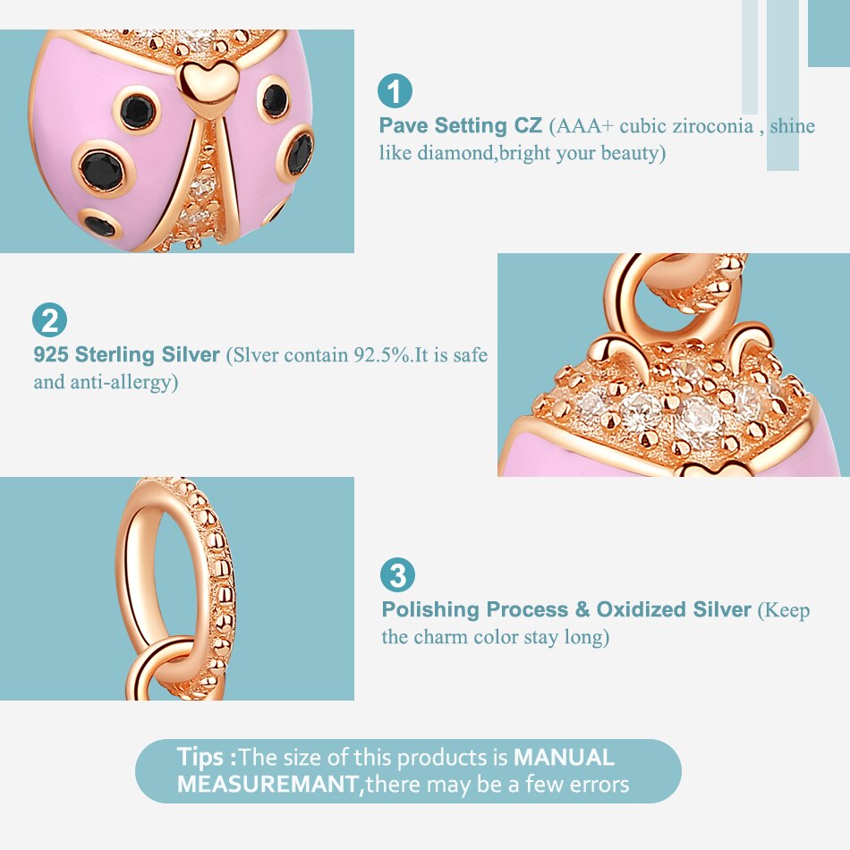 ELESHE 100% 925 Sterling Silver Bead Charm Rose Gold Pink Ladybird Charm Fit Original Bracelet Beads for jewelry making