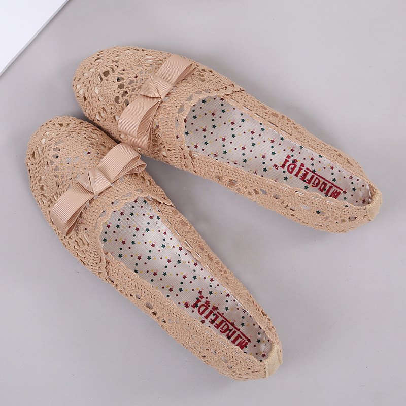 autumn bow-tied single shoes woman breathable hemp knitting hollow flats moccasins soft bottom non-slip leisure loafers