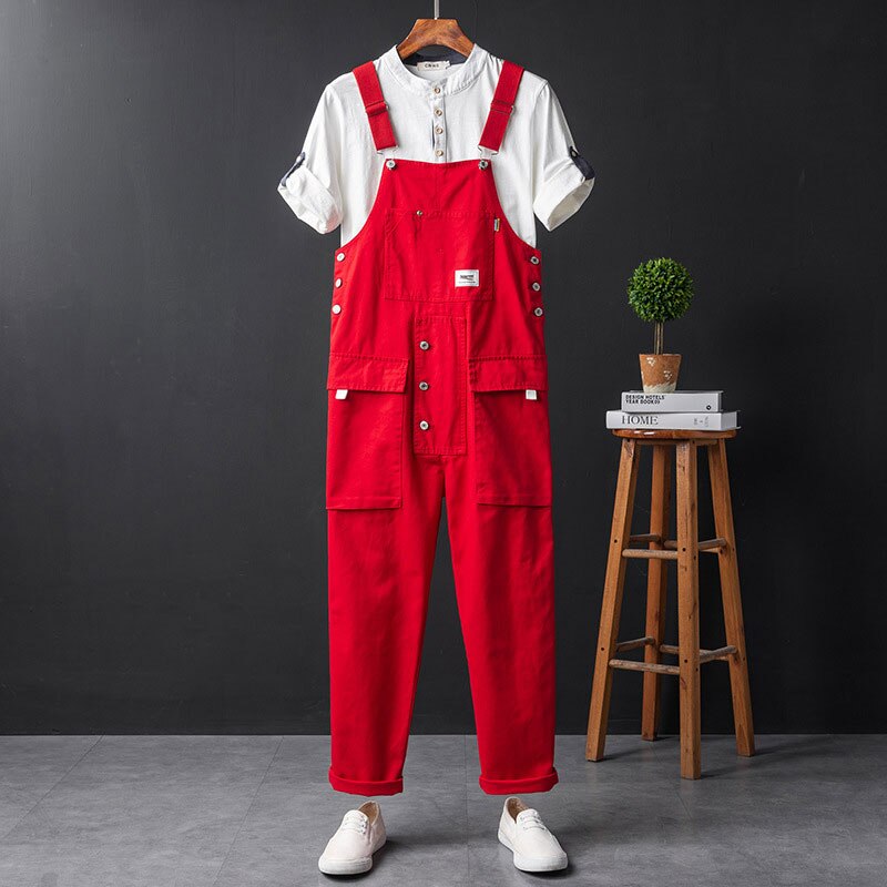 Mono con pechera para hombre, pantalones Cargo rojos, holgados, rectos, con bolsillos grandes, ropa de calle Hip Hop, pantalones informales