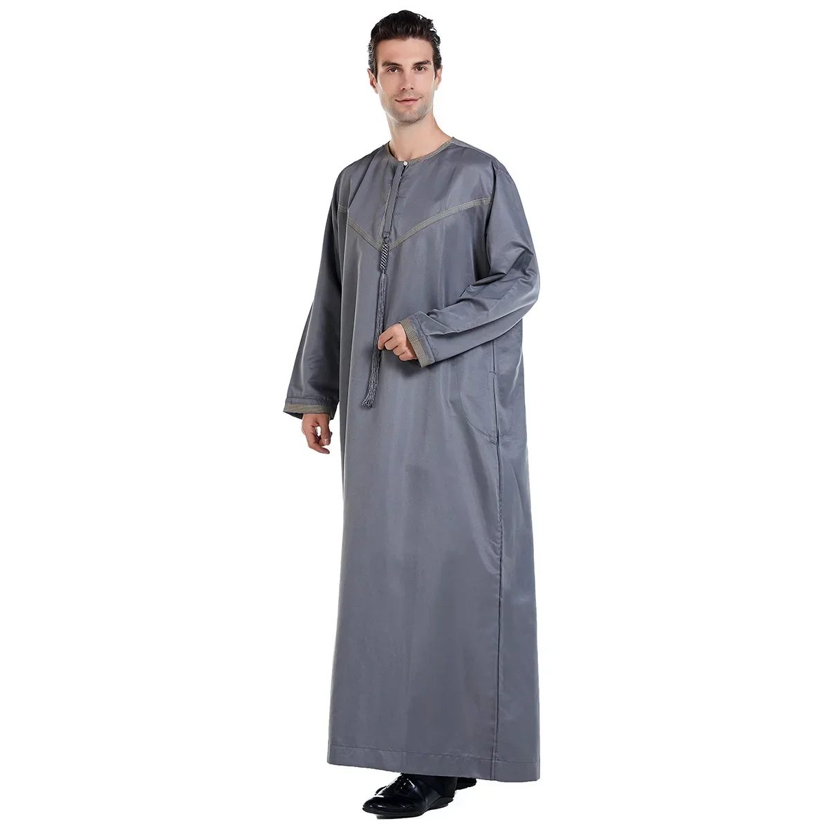 Ramadan Muslimische Männer Kleidung Jubba Thobe Langes Kleid Pakistan Dubai Arabisch Djellaba Kaftan Abaya Islamische Gebet Kleid Gottesdienst: S / Grau
