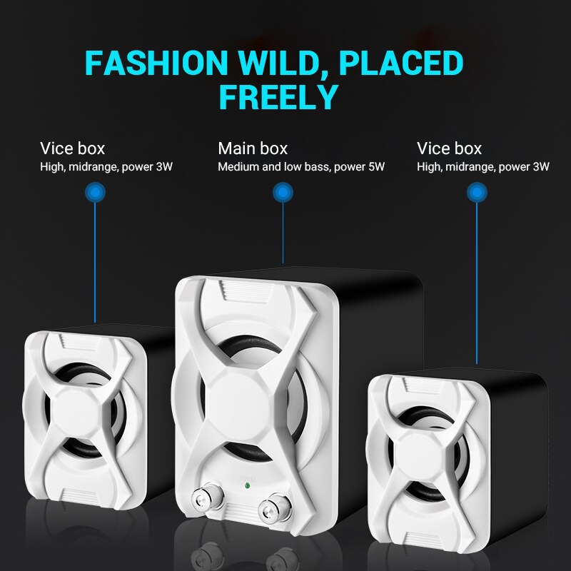USB + AUX Wired Computer Subwoofer Speakers 5W+3W*2 Set Bass Reinforcement Stereo 2.1 Speakers for PC Phone Loudspeaker