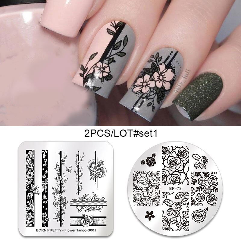 GEBOREN ZIEMLICH 2Stck Nagel Stanzen Platten einstellen SchöNe Blume Geometrische Nette Ebene idee Nagel Kunst Stempel Bild Platte DIY werkzeuge: 2Stck-einstellen1