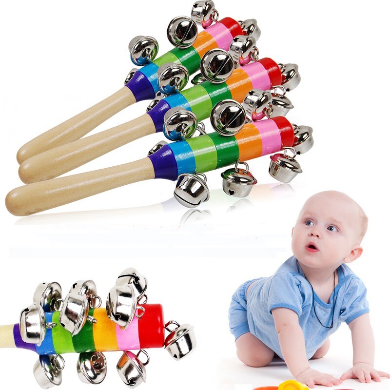 Baby Wooden Rattle Rainbow Color Hand bell Baby Rattles Jingle bells Infant Shaker Rattle Educational Toys: Default Title