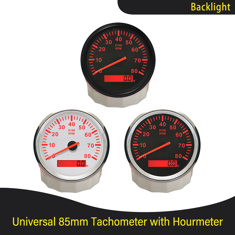 Universele 85Mm Auto Boot Tacho Sensor Marine Toerenteller Met Urenteller 3000 4000 6000 8000 Rpm Toerenteller 12V/24V Rode Backlight