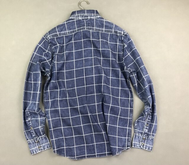 Mannen Mode Losse Enkele Breasted Water Wassen Vintage Jean Katoen Toevallige Plaid Shirt