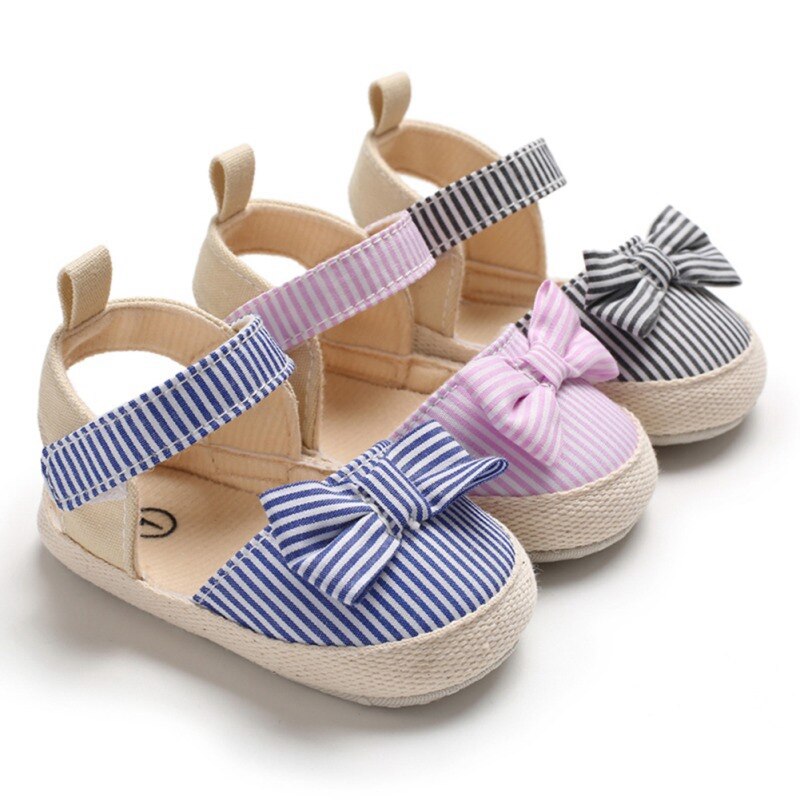 Summer Baby Girl Sandals Cotton Canvas Striped Bow Baby Girl Princess Shoes Newborn Baby Shoes Beach Sandals