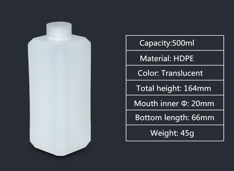 Empty HDPE bottle narrow mouth solid plastic container for liquid,lotion,cosmetic packaging bottle food grade: 500ML square