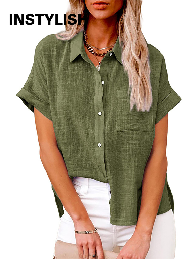 Casual Solid Short Sleeve Cotton Linen Loose Blouse Vintage Harajuku Oversized Shirt Tunic Summer Tops Women