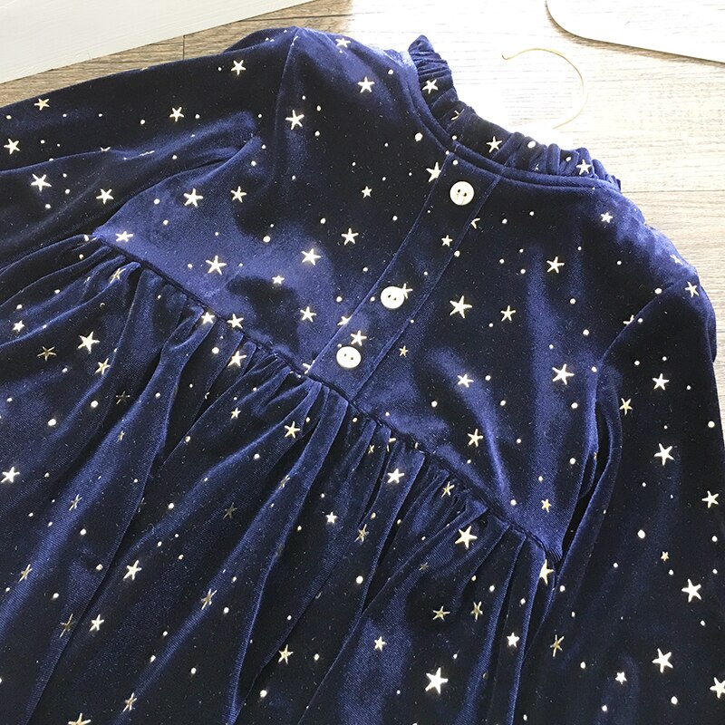 2-8 Years Fancy gold stars blue velvet Dress for Girls Princess bling bling Birthday Party Dresses Kids Dresses for Baby