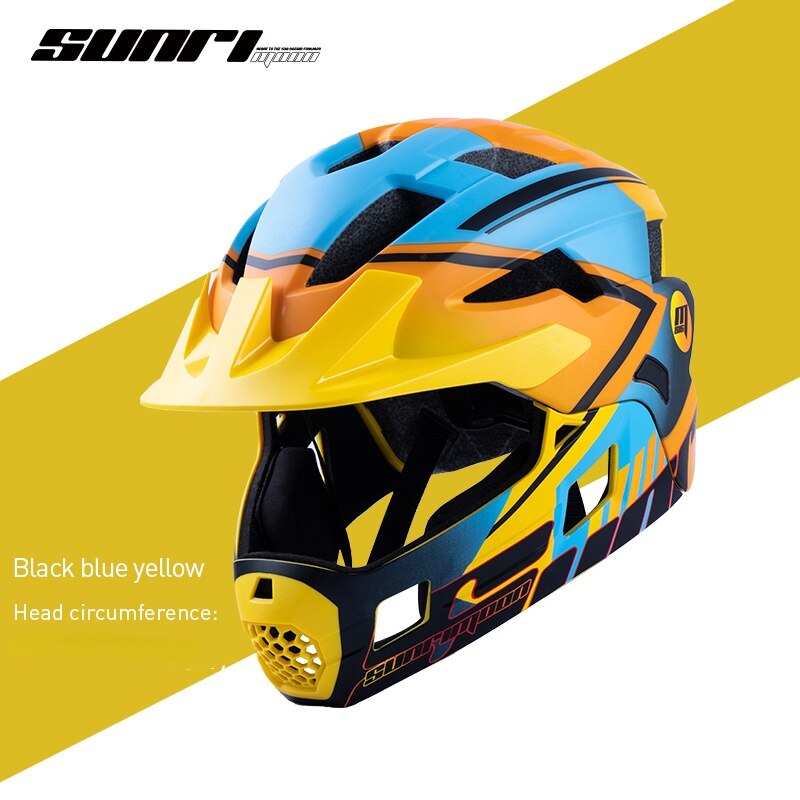 SUNRIMOON Full Face Pubike Push Bike Helmet Cycling with Taillight Detachable Outdoor Sports Safety Helmet Cascos Ciclismo Mtb: Black blue yellow