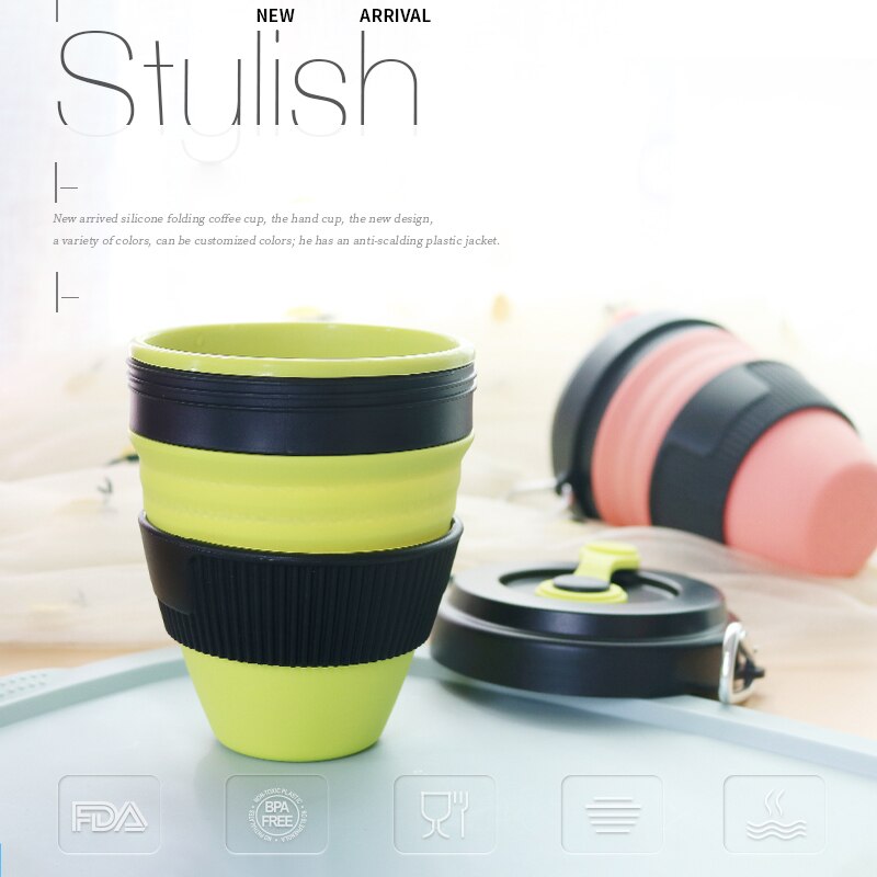 Tasses pliantes en Silicone | Tasses pliantes de 450ml, tasse à café en silice télescopique Portable avec couvercles voyage tout noir