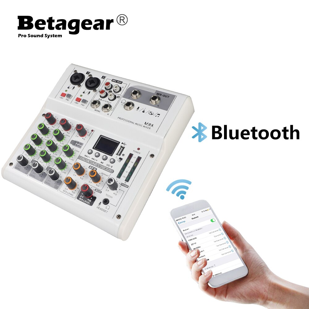 V04 Mini Usb Audio Video Dj Mixer Console Met Bluetooth Computer Afspelen 48V Phantom Power Vertraging Repaeat Effect
