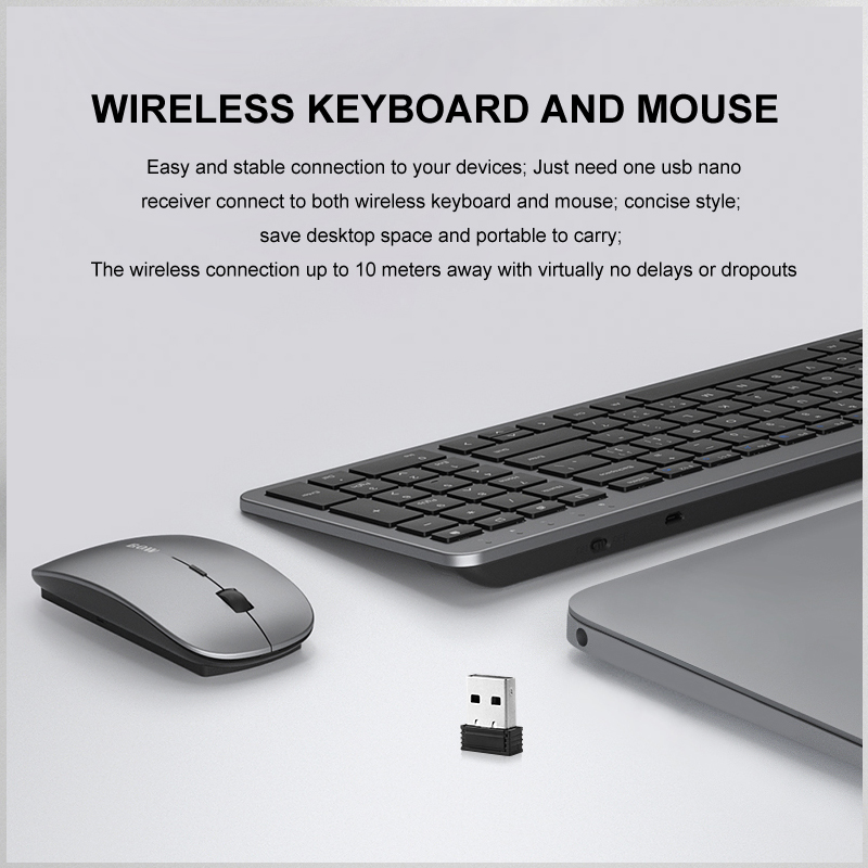 B.O.W Wireless Keyboard for Computer, Rechargeable Mouse Combo Compact Whisper-Quiet Keyboard Kits with 2.4Ghz Nano Receiver