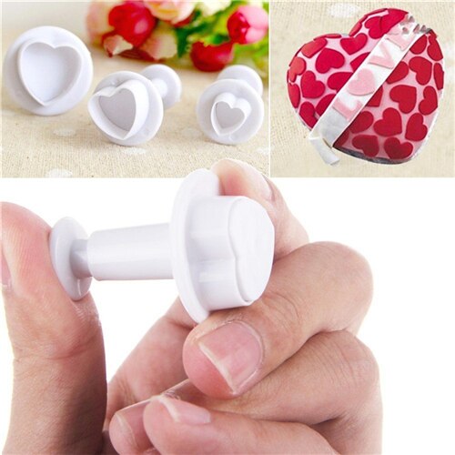 3 stuks liefdeshartvormige taartbakvorm, fondant taartgereedschap, cake, koekje, suikerwerk, koekjes, zuigers, pasta, uitstekers