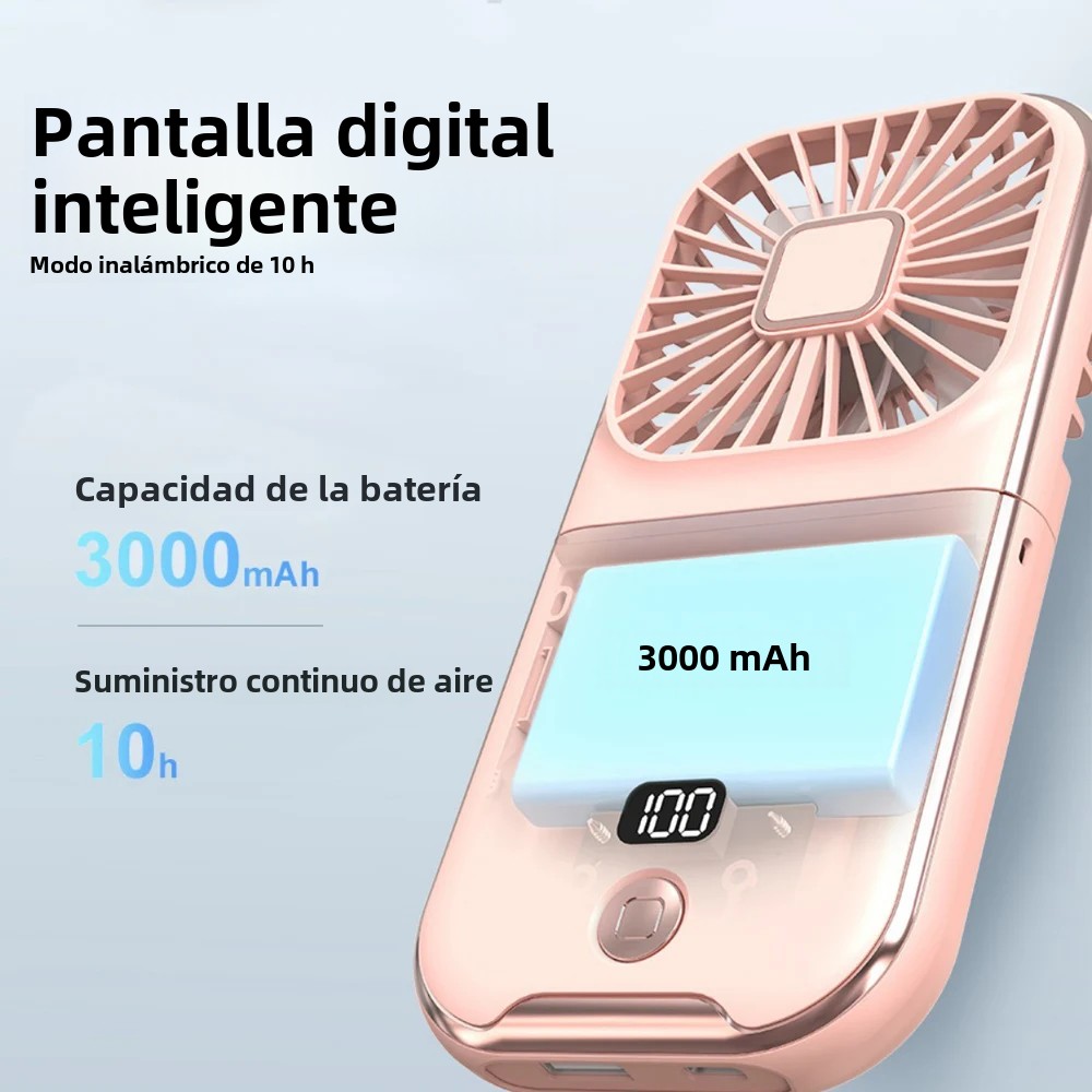 Mini ventilador portátil de mano, batería de 3000mAh, banco de energía de movilidad pequeño 180 ° Ventilador de cuello plegable USB Actualización de espejo cosmético opcional