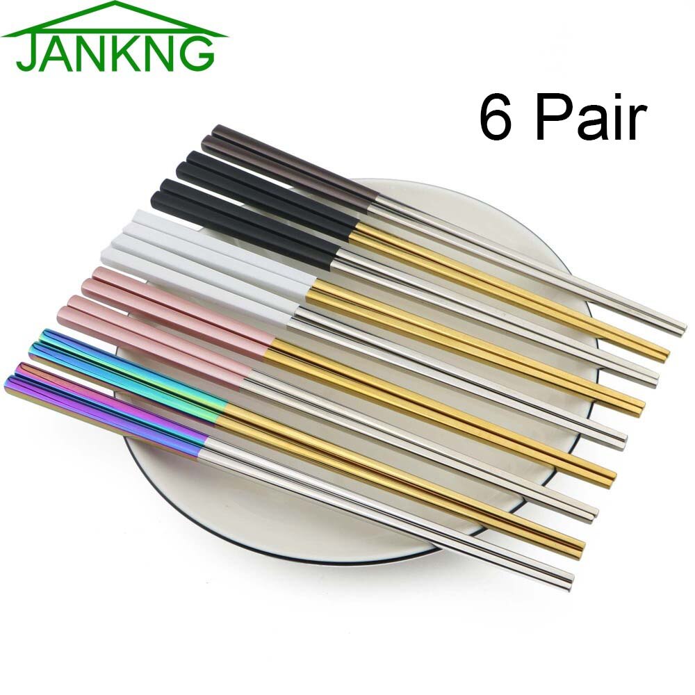 JANKNG 6 Pair 23.5cm Square Chopsticks 304 Stainless Steel Japanese Gold Rose Gold Sushi Hashi Reusable Colorful Chopstick