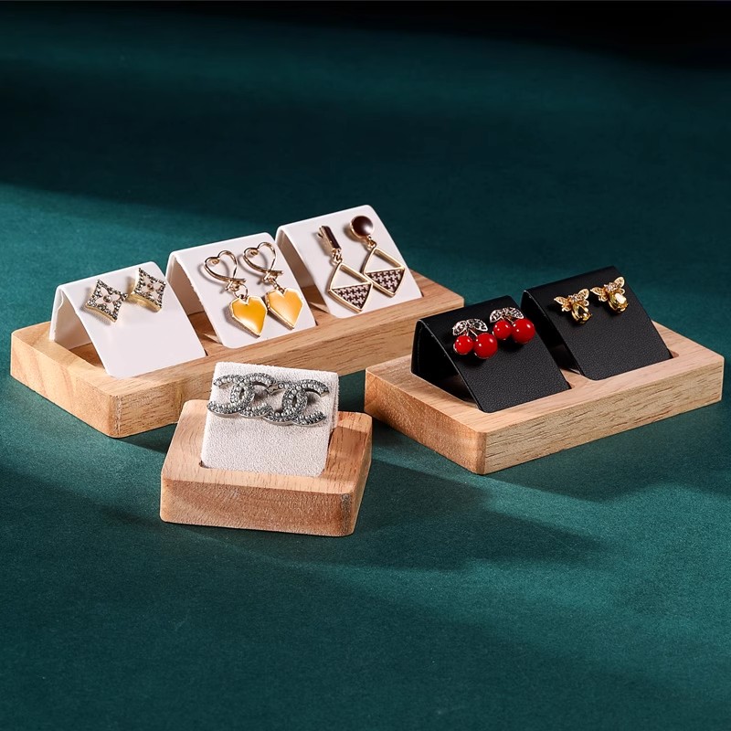Bamboo Wood Earrings Display Stand DIY Velvet PU Leather Jewelry Storage Tray for Window Counter Props Show
