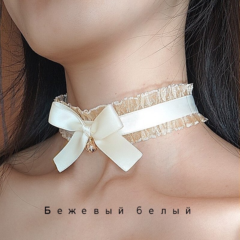 Kanten Kraag Zwarte Klokken Boog Ketting Zwart Wit Sleutelbeen Choker Ins Stijl Korte Ketting Voor Vrouwen Sieraden: Beige bell