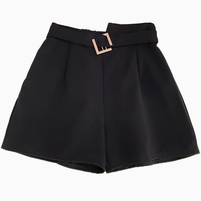 Coréen bref femmes Shorts jambe large avec ceinture noir costume Shorts solide élastique taille haute jaune 5 couleurs: black / XL