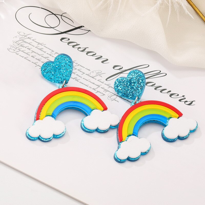 Donarsei moda colorido arco-íris brincos para as mulheres bonito dos desenhos animados nuvem coração gota balançar brincos presente
