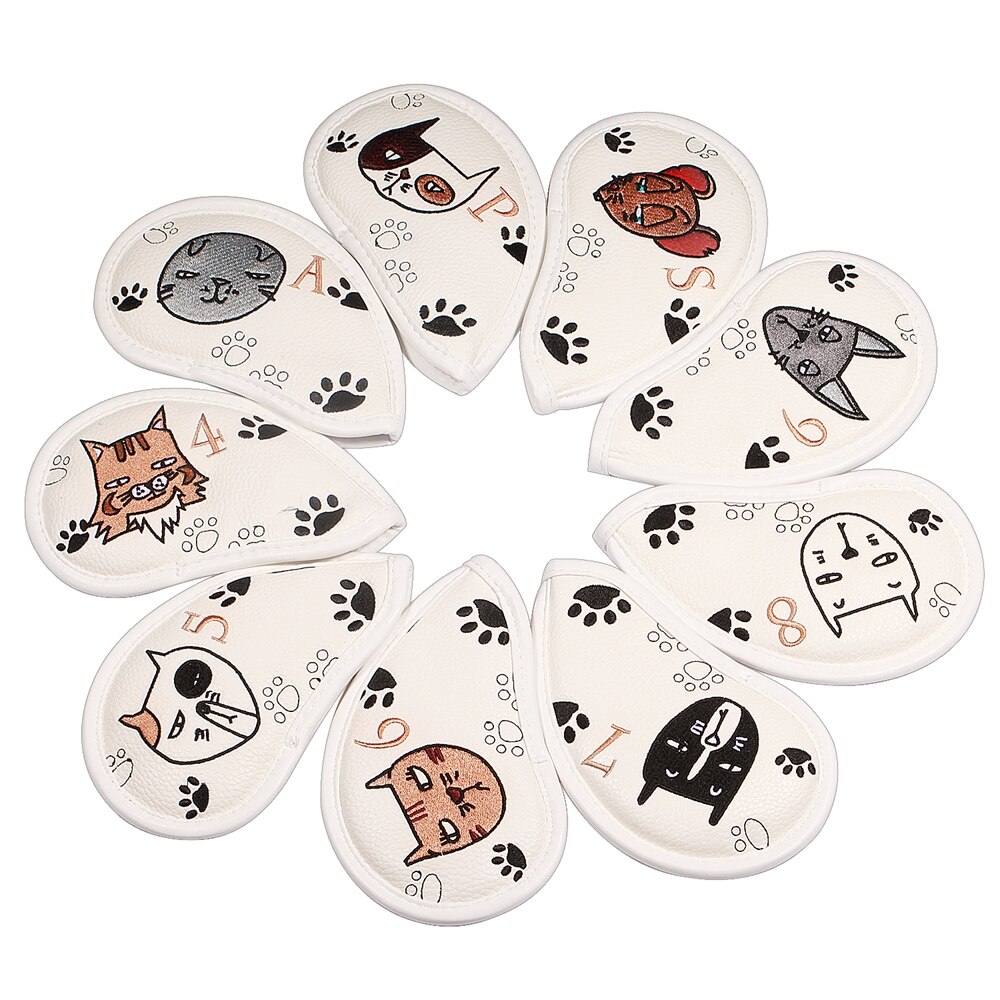 9 Stck Tragbare Golf Verein Headcovers Nette Karikatur Katze aufbringen PU Wasserdichte Fahrrinne hybrid Putter Abdeckung einstellen Jahrgang