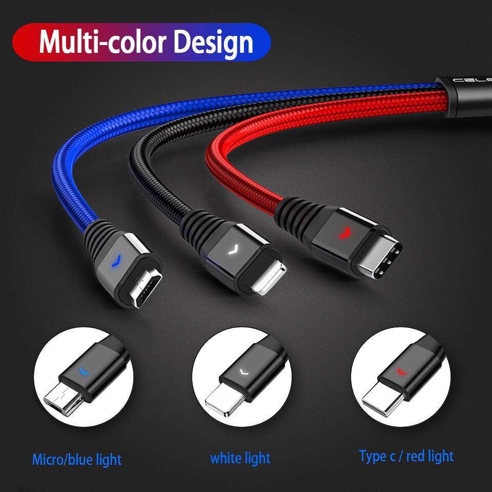 3.5a 3 em 1 tipo de cabo usb do diodo emissor de luz cabo de c microusb o telefone que carrega o cabo micro usb c multi tipo-c cabo do telefone para huawei p30 pro lite