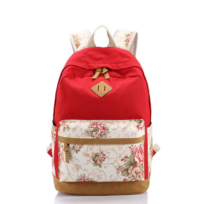 Scione canvas dames schooltas rugzakken voor meisjes mochila escolar bloemenprint computer laptop rugzak schoolrugzak  p112: Rood