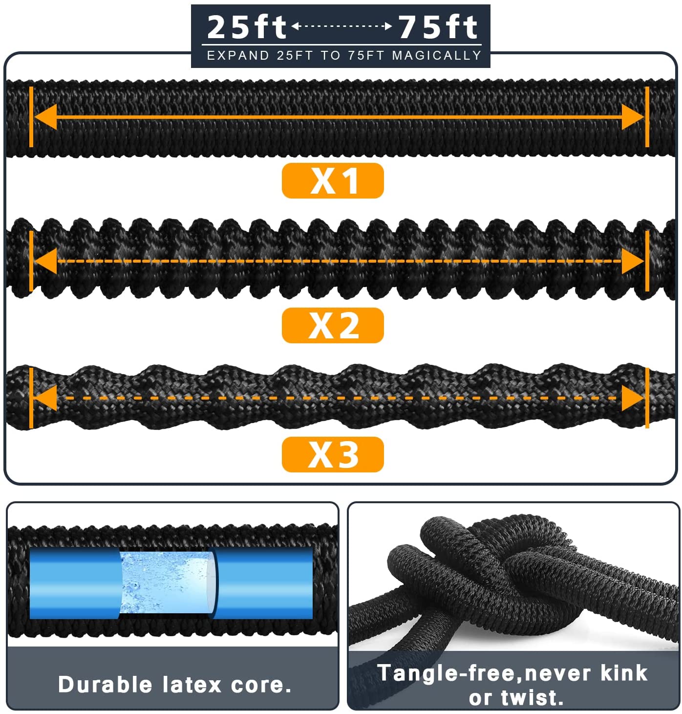25Ft-100Ft Garden Hose Expandable Hose Retractable Flexible Water Hose with 3/4&quot; Solid Brass Connectors Expanding Pipe for Wash