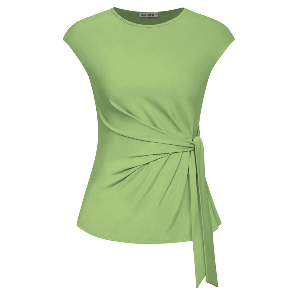 Gk kvinder bluser foran sløjfe knude dekorerede toppe klassiske kasketærmede rund hals pullover sommertoppe bluser femme