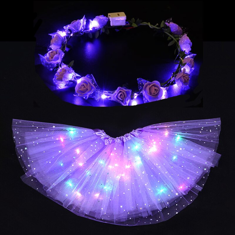 Jupe Tutu lumineuse LED pour femmes et filles, guirlande de fleurs, bandeau, , vêtements de fête néon, Costume de princesse de mariage d&#39;anniversaire