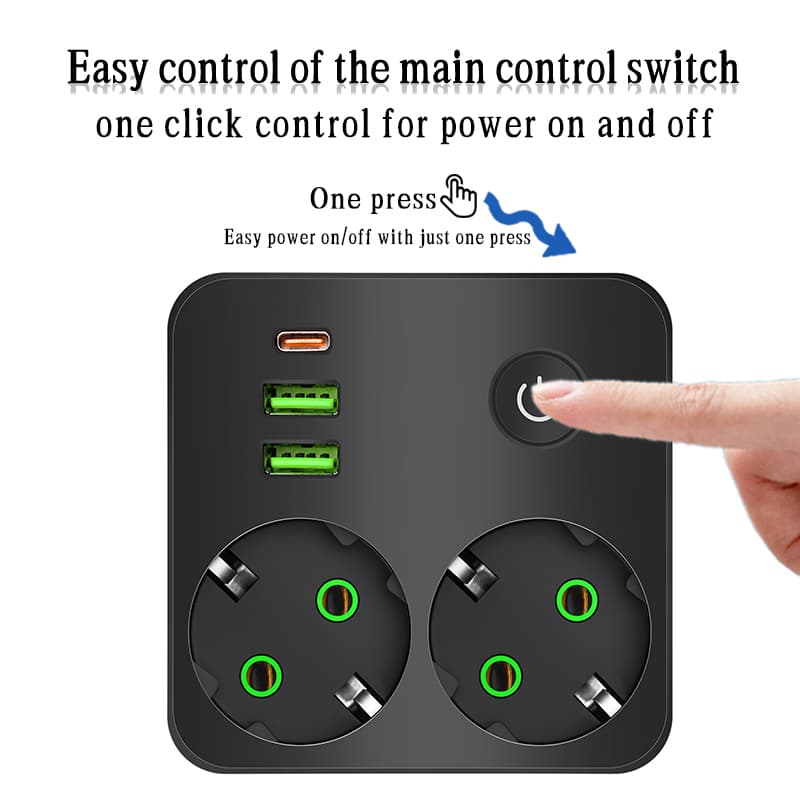 Eu-uttag 2 uttag multitap-vägggrenuttag eluttag utan förlängningssladd med 2 usb 1 typ-c-portar 2500w maxeffekt