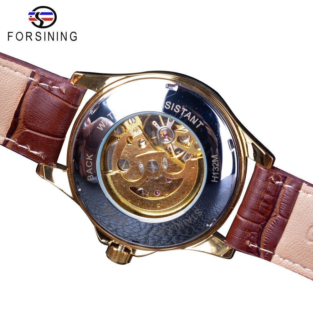 Forsining Bruin Minimalistische Stijl Golden Opengewerkte Horloge mannen Horloges Mechanische Skeleton Horloge Bruin Lederen Klok